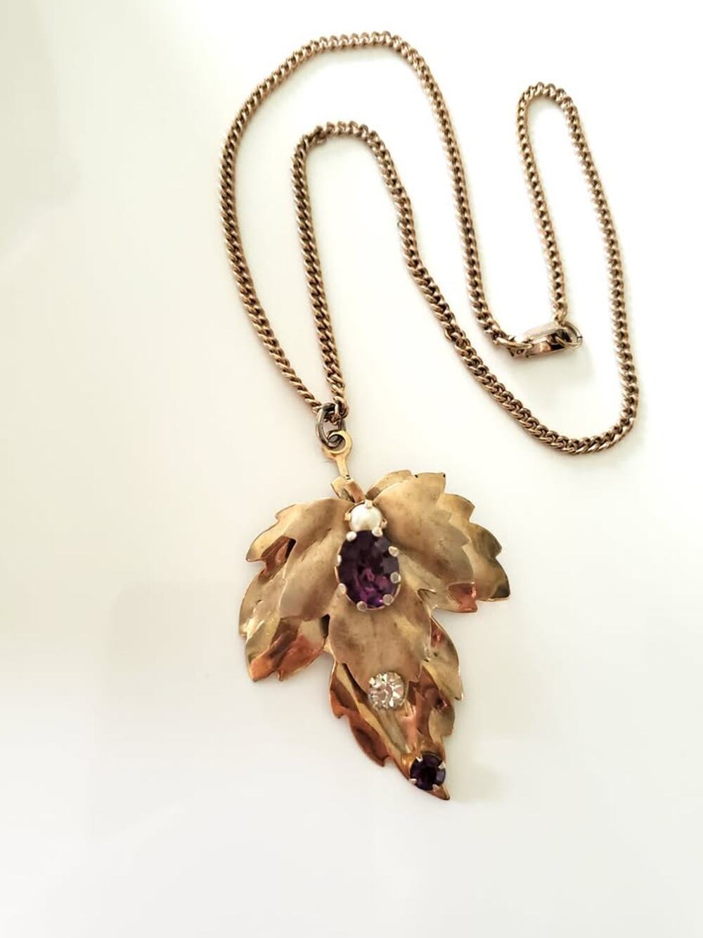 Vintage Maple Leaf Purple Rhinestone and Faux Pearl Necklace